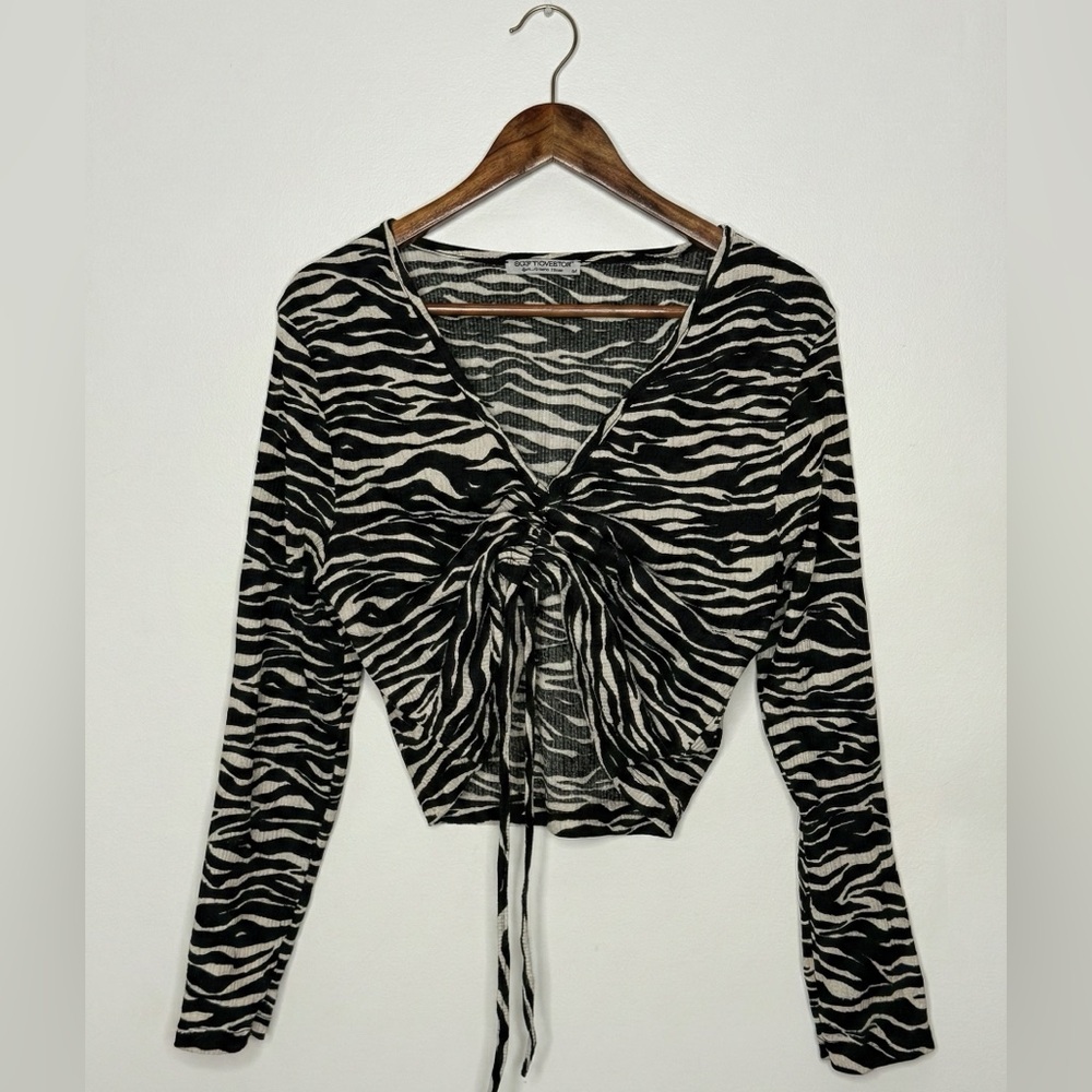 Trendy Zebra Print Ruched Tie-Front Ribbed Knit Crop Top / Sıze M